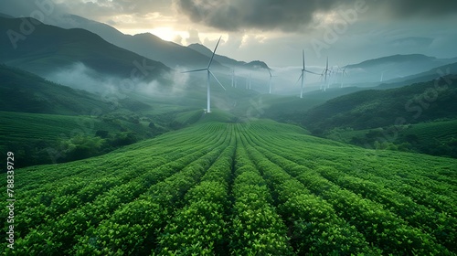 Serenity in Green: Wind Turbines amidst Lush Hills. Concept Green Energy, Renewable Resources, Sustainable Technology, Eco-Friendly Innovations, Nature Conservation photo