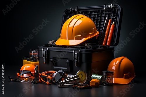 3d illustration of a toolbox full of construction tools on dark background photo