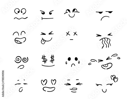 Set of doodle emotions faces cartoon. Doodle of cute emotions on a white background. Vector illustration.
