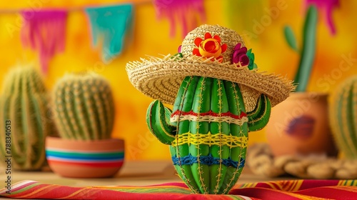 Handcrafted Cactus with Sombrero on Vibrant Yellow Background Celebrating Mexican Culture