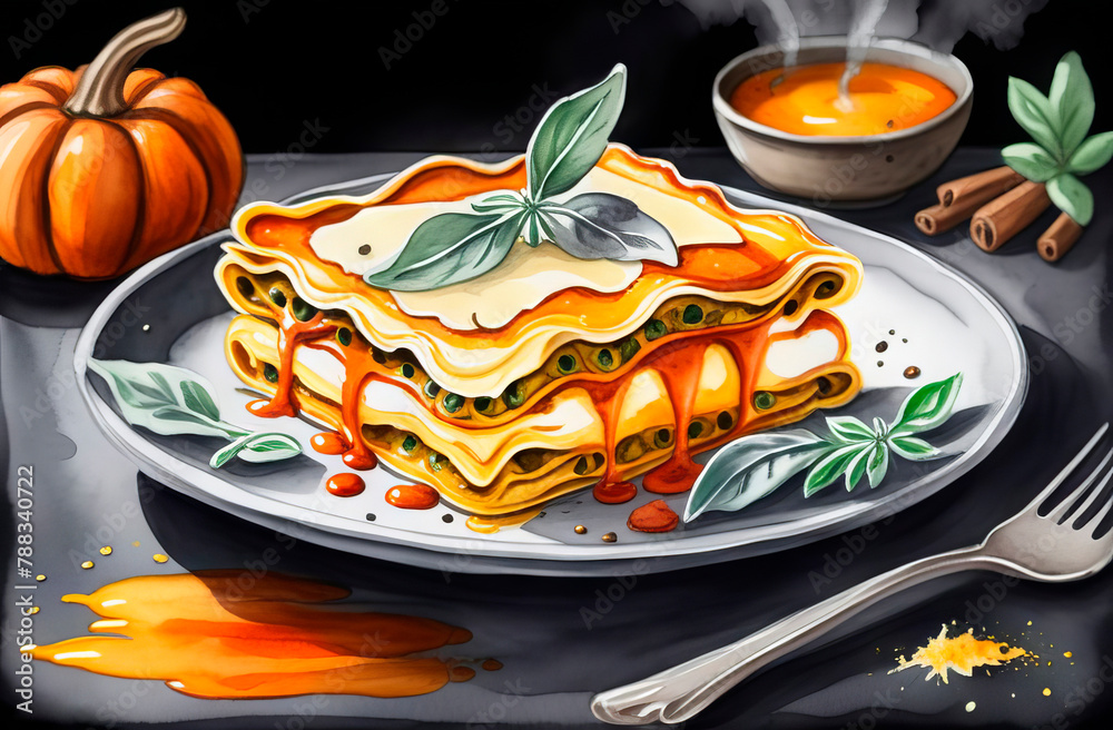 Photos Vegetable lasagna with pumpkin, cheese and basil in watercolor style