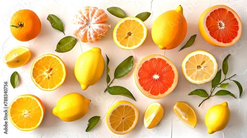 Fresh Citrus Fruits Display on White Background. Variety and Natural Freshness Concept. Ideal for Healthy Lifestyle Promotion. Vivid Colors, Top View. AI © Irina Ukrainets