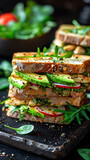 Beautiful presentation of Pesto chicken avocado sandwiches, hyperrealistic food photography