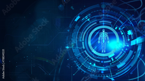 Healthcare database  hologram and future technology with data  scifi and digital transformation on blue background. Metaverse  science and medical software with AI  body scan and health innovation