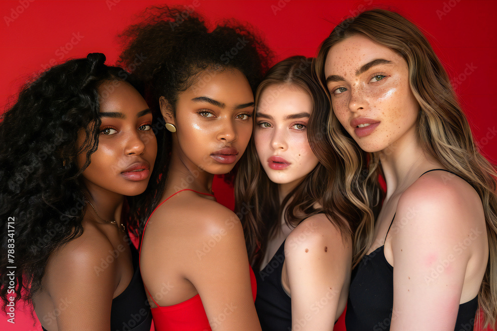 A group of beautiful young women of different nationalities in the studio looking at the camera