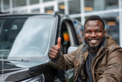 A cheerful man giving a thumbs up next to his brand new vehicle, an entrepreneur delighted by his accomplishments