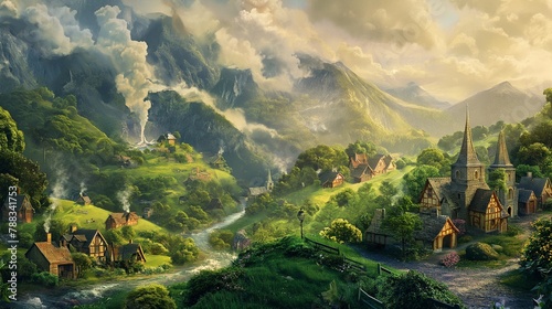 A whimsical scene depicting a quaint village nestled in a verdant valley, with smoke rising from chimneys and a winding river meandering through the picturesque countryside.