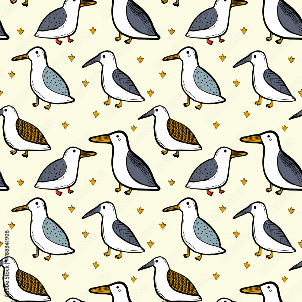 Obraz premium Seagull celestial bird minimalist artistic fashionable doodle boho modern vector seamless pattern