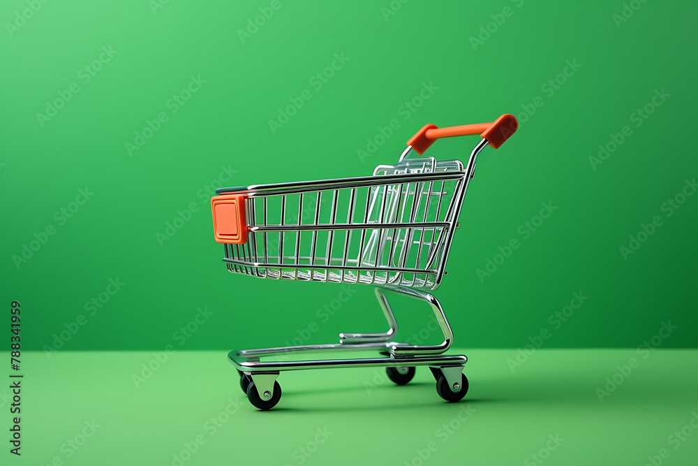 Shopping cart on Green background with copy space for your text.