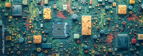 Close up panoramic view of the motherboard with components.