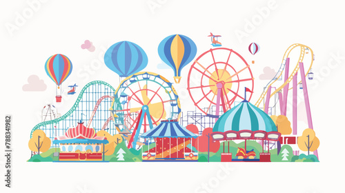Amusement park with carousels roller coaster and air