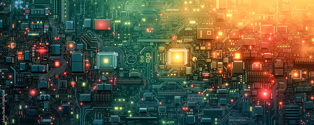 Close up panoramic view of the motherboard with components.