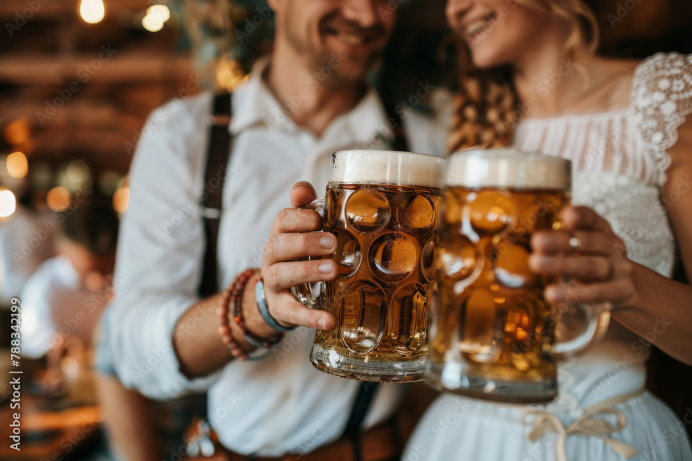 A young Bavarian couple at Oktoberfest, dressed in traditional attire, clutching large steins of beer