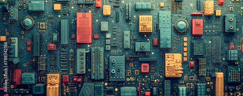 Close up panoramic view of the motherboard with components.