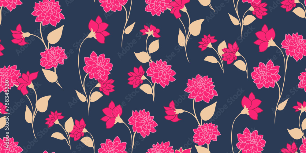 Colorful tiny branches with ditsy flowers, small leaves scattered randomly in a seamless pattern on a dark background.Vector hand drawn. Abstract artistic cute wild floral printing.