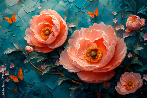 3D embossed painting, pink peonies and orange butterflies on blue background