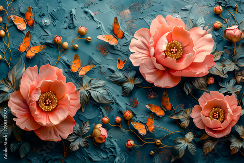 3D embossed painting, pink peonies and orange butterflies on blue background, 2 large flowers in the foreground with small leaves around them, painted in oil paints, elegant, saturated colors