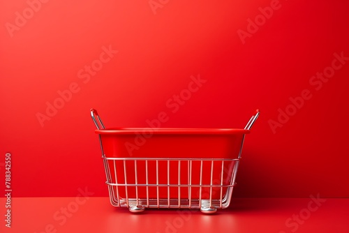 Shopping cart on red background with copy space for your text.