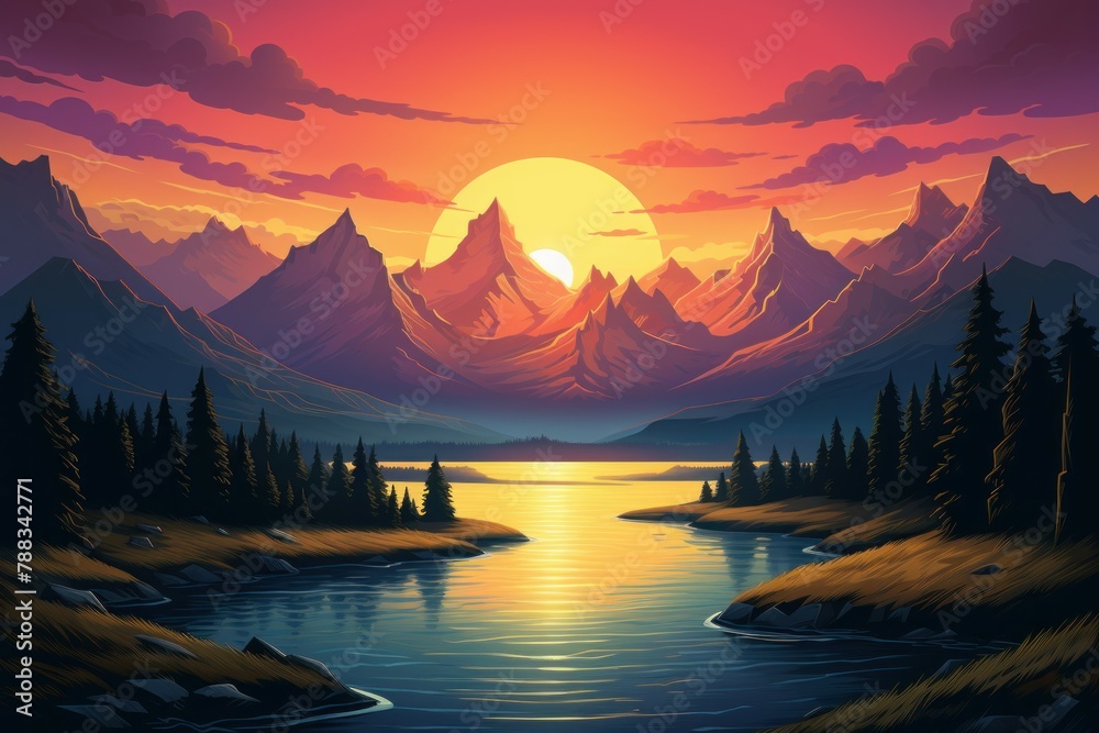 Atmospheric Mountains art sunset poster. Color water light. Generate Ai