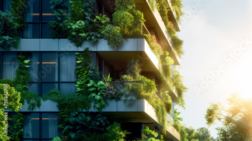 Modern sustainable glass residential building with a lush green vertical garden