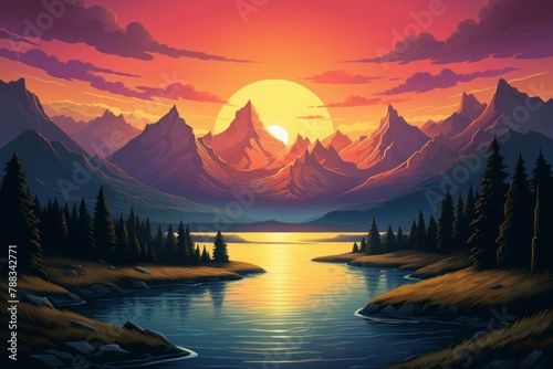Atmospheric Mountains art sunset poster. Color water light. Generate Ai