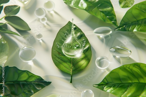 Ingredient Spotlight A single drop of a clear cosmeceutical serum sits on a green leaf photo