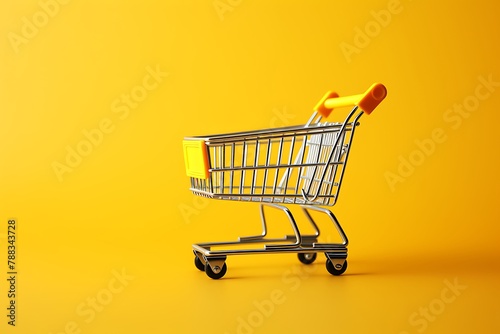 Shopping cart on yellow background with copy space for your text.
