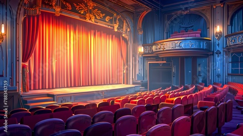 Elegant vintage theater interior with red seats and curtains. Empty stage ready for performance. Classic design for artistic events. AI photo
