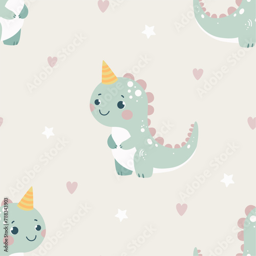Seamless pattern with cute dinosaurs, hearts and stars on a colored background. Vector illustration for printing. Cute children's background.