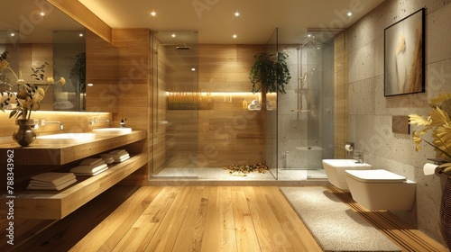 Minimalist glossy oak powder room design in penthouse in New York, hyper realistic photo