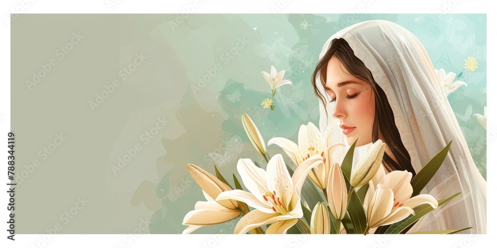 Serene Woman with Lilies: A Digital Illustration of Tranquility