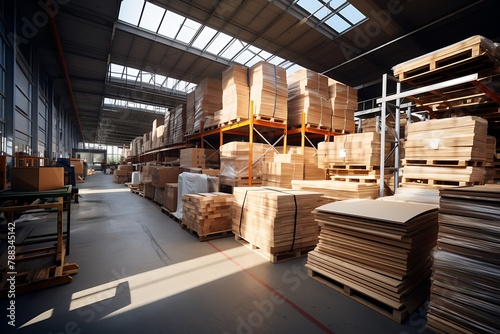 Large warehouse with a lot of pallets and boxes. Industrial background