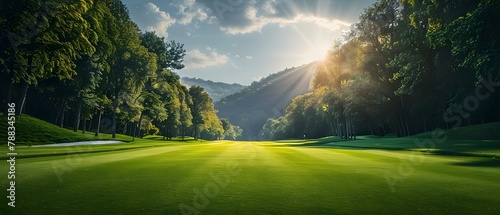 Serene Golf Course Sunrise with Lush Greenery. Concept Nature, Golf Course, Sunrise, Lush Greenery, Serenity
