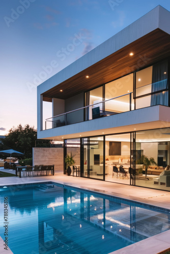 Contemporary  minimalist cubic home with an outdoor pool  captured at dusk