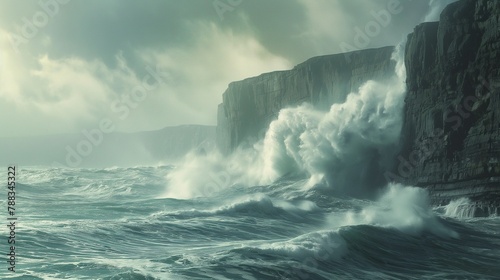 A dramatic seascape captured during a storm, with towering waves crashing against rugged cliffs, sending plumes of foam into the turbulent sky.
