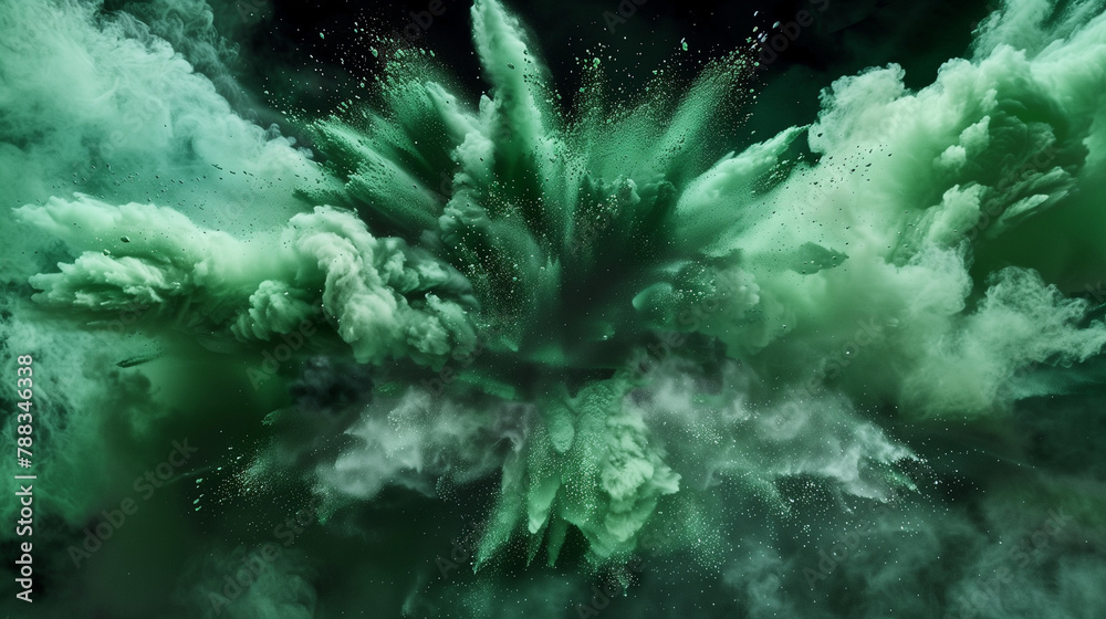 Dunkelgrüne Farbexplosion vor dunklem Hintergrund