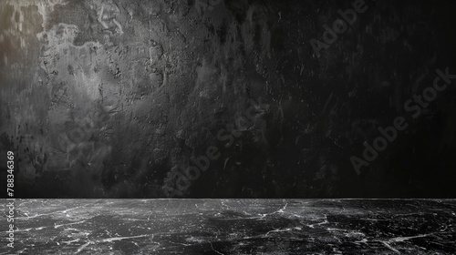 Empty table marble black countertop on black wall background. High-quality photo