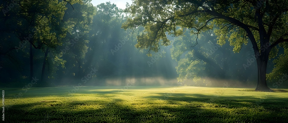 Summer Serenity: Misty Dawn on a Manicured Meadow. Concept Scenic Meadow, Morning Mist, Peaceful Landscape, Summer Serenity, Dawn Photography