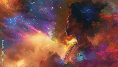 Double exposure, galaxy and woman with abstract dream of colorful clouds, freedom or zen in universe. Sky, cosmic and person with calm by psychedelic, spiritual and space background with stars.