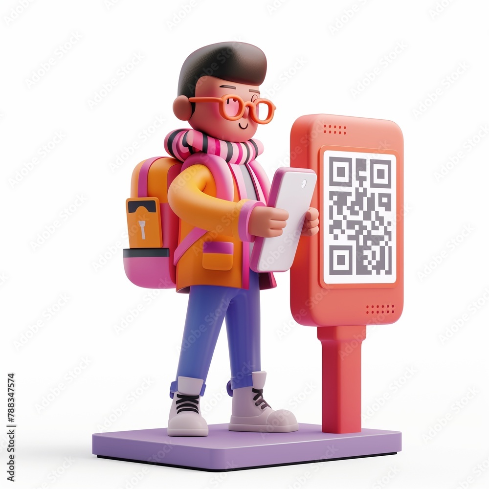 A customer scanning a QR code for payment in a cartoon setting