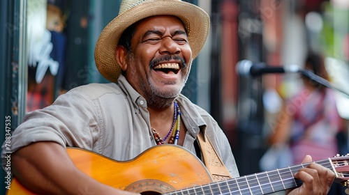 Joyful Street Musician Laughing and Playing Guitar with Passion in Urban Setting photo