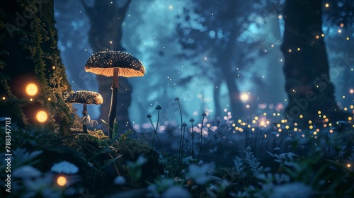 Enchanting bioluminescent forest at night with glowing mushrooms and fireflies