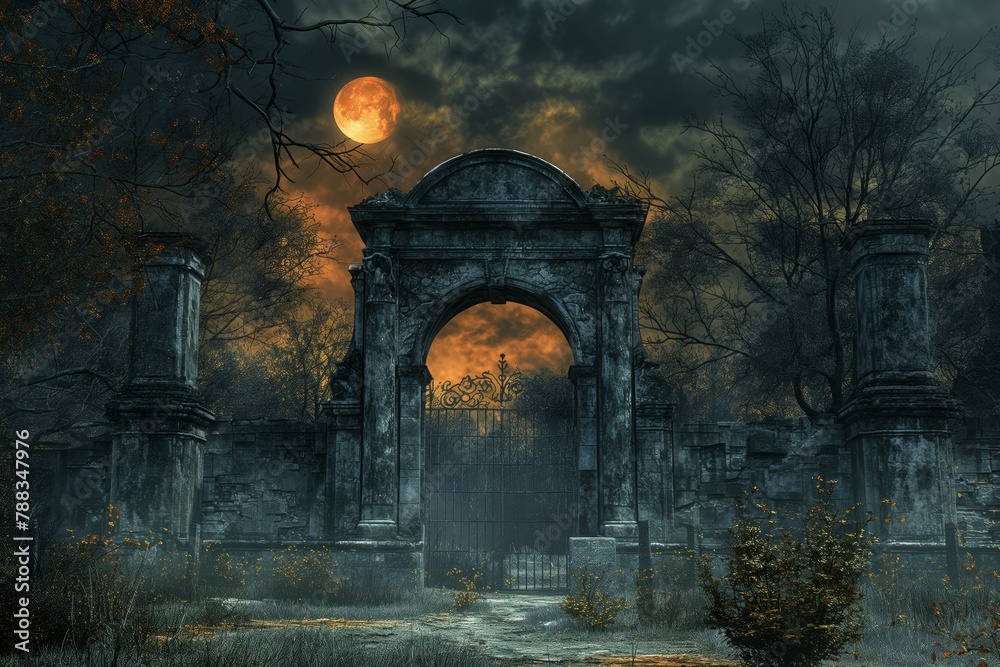 A creepy cemetery at night with a nebula and a Gothic-style cemetery gate with a mysterious moonlight A creepy cemetery at night with a nebula and a Gothic-style cemetery gate with a mysterious moonlight