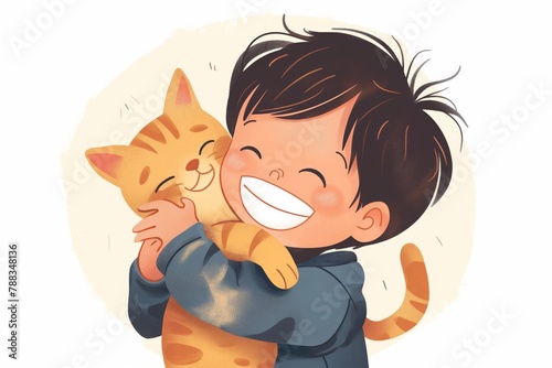 Illustration of a cheerful young child laughing and cuddling with an adorable orange tabby cat