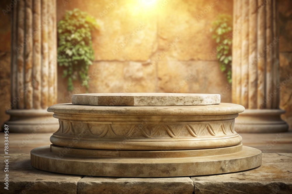 Ancient antique stone podium with columns and green plants. Marble background for products presentation of natural light color. Generative Ai