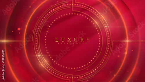 Abstract Red Background with Gold Glowing Circles and Sparkling Particles for a Luxurious, Dynamic Effect. Vector Illustration.