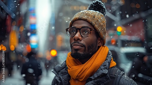 Winter Portrait: African-American Man in Snowy Metropolis