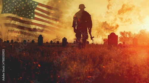 A poignant scene of a soldier's silhouette superimposed over a field of gravestones adorned with American flags, paying tribute to those who made the ultimate sacrifice for their country.