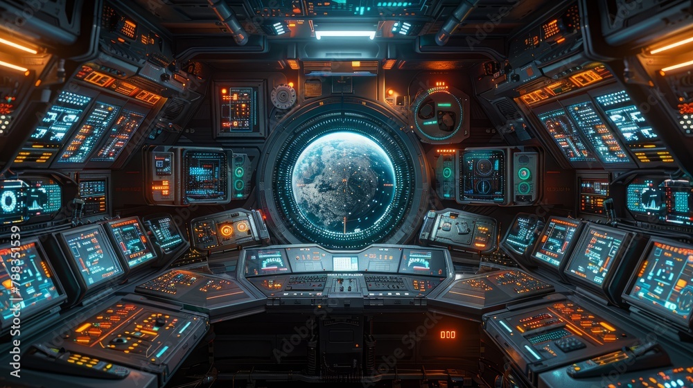 Fototapeta premium A futuristic space station with a large window that shows the Earth