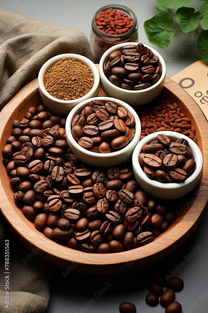 Coffee Beans Close-up: coffee bean varieties in the bowls. Coffee Beans Close-up: coffee bean varieties in the bowls.